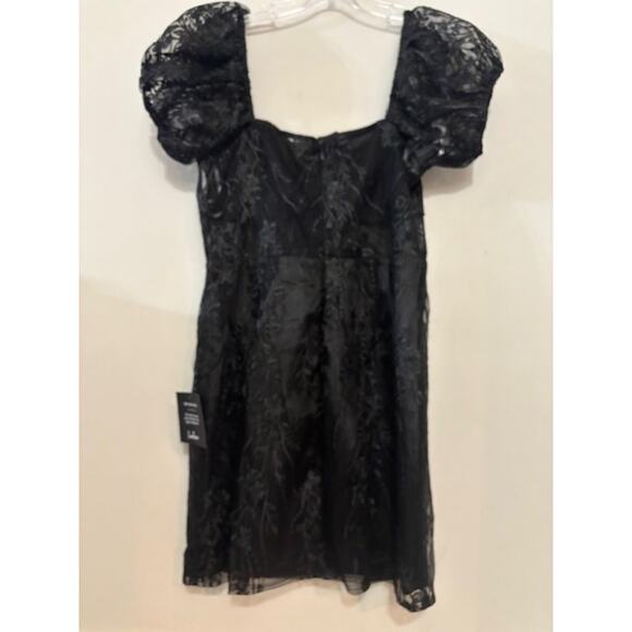 Lulus Seriously Cute Mini Dress Black Embroidered Mesh Puff Sleeve Large NWT - Picture 3 of 9